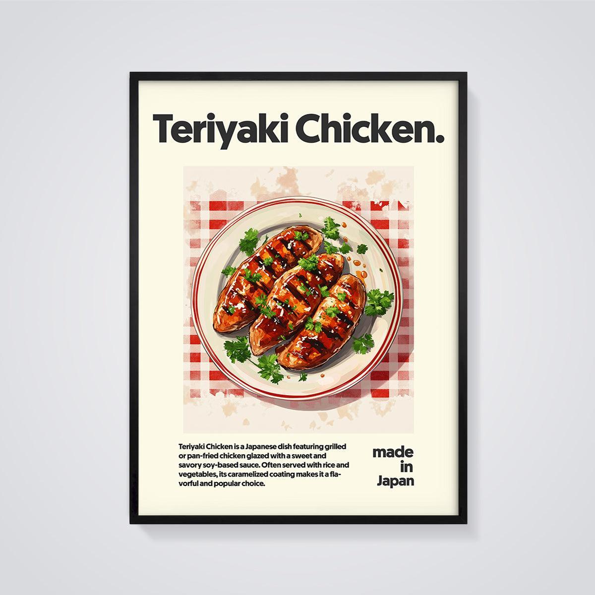 Teriyaki Chicken Food Print framed in black on a grey background