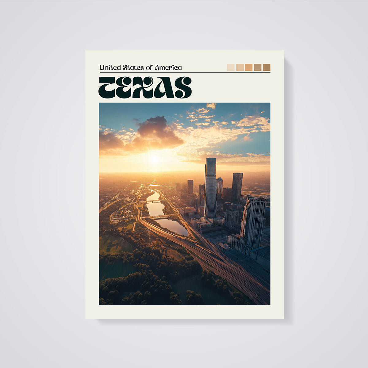 Texas Cityscape Sunset Print unframed on a grey background