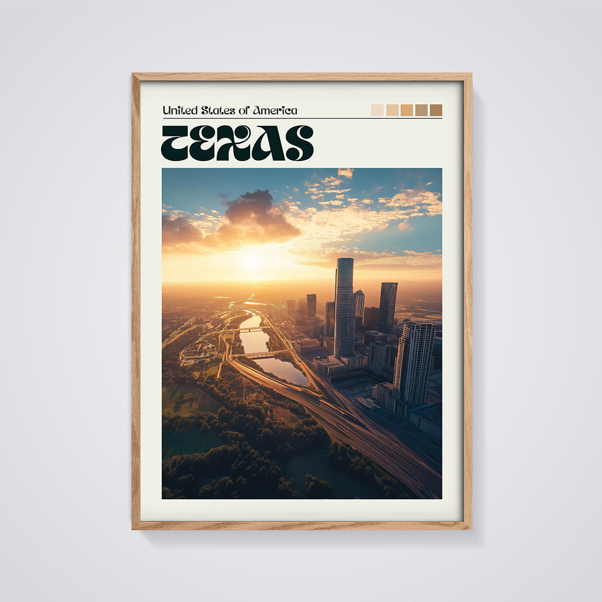 Texas Cityscape Sunset Print framed in oak on a grey background