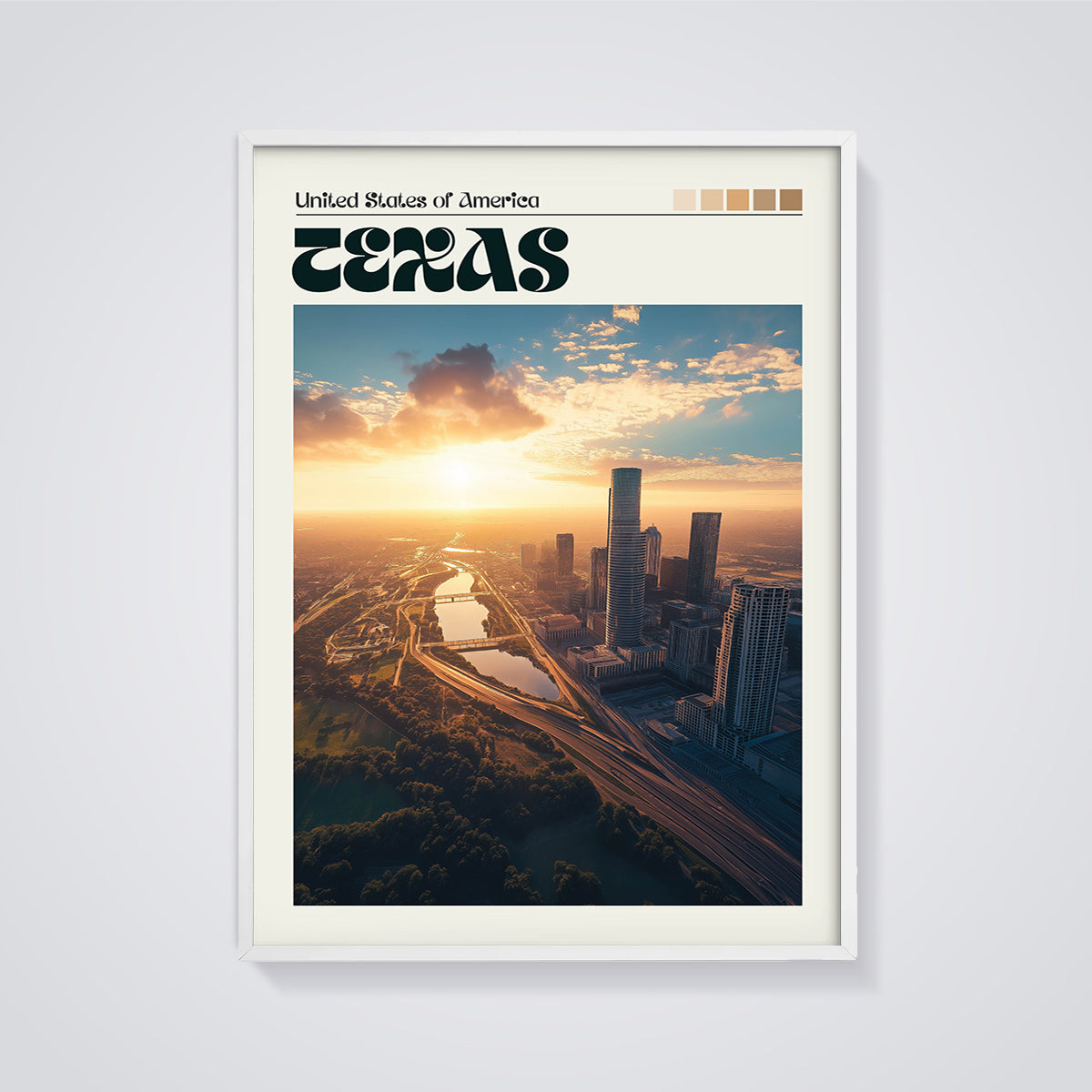 Texas Cityscape Sunset Print framed in white on a grey background