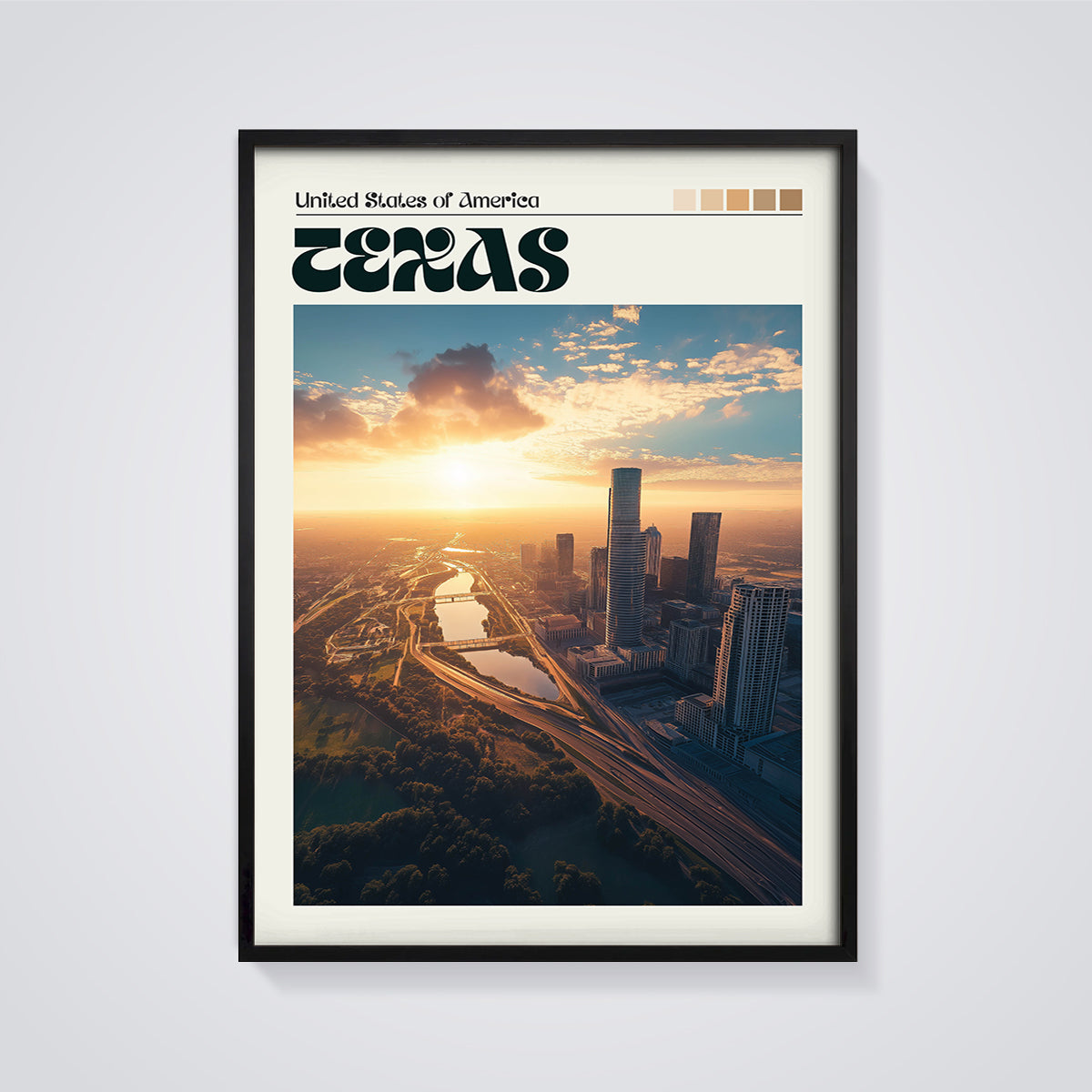 Texas Cityscape Sunset Print framed in black on a grey background