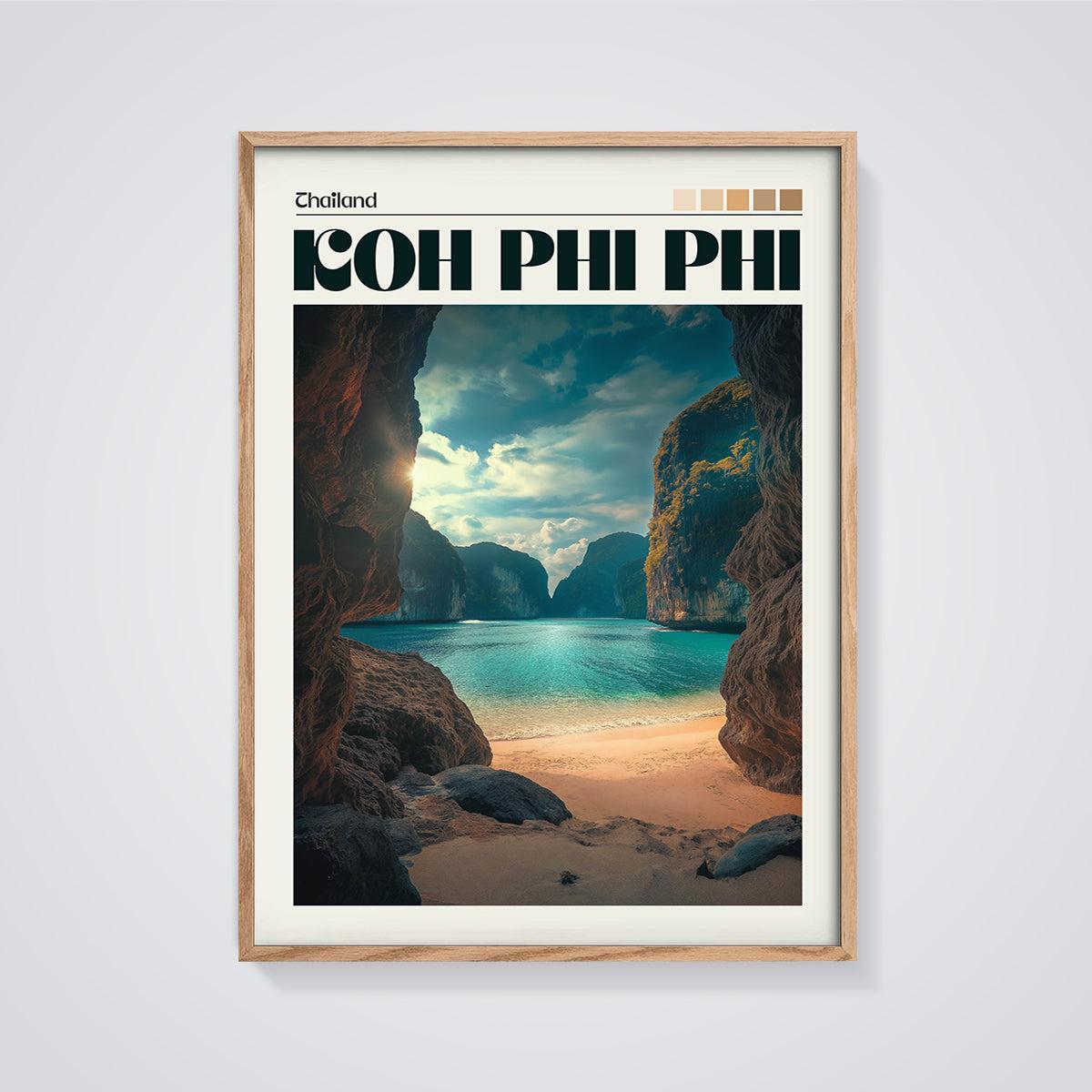 Thailand Koh Phi Phi Bay Print framed in oak on a grey background