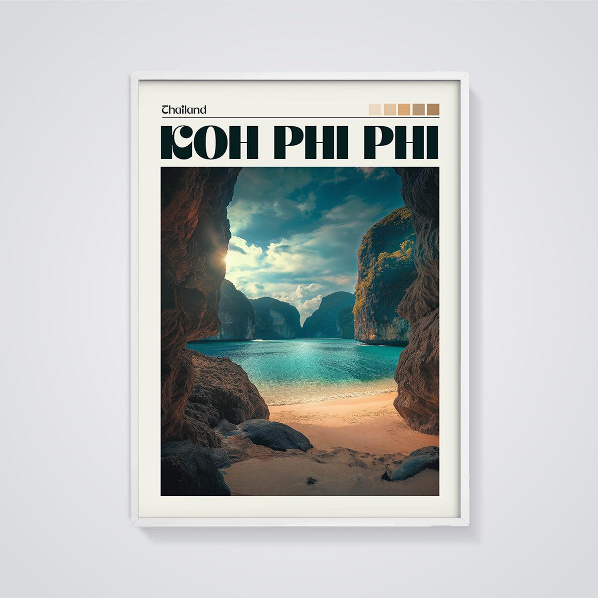 Thailand Koh Phi Phi Bay Print framed in white on a grey background