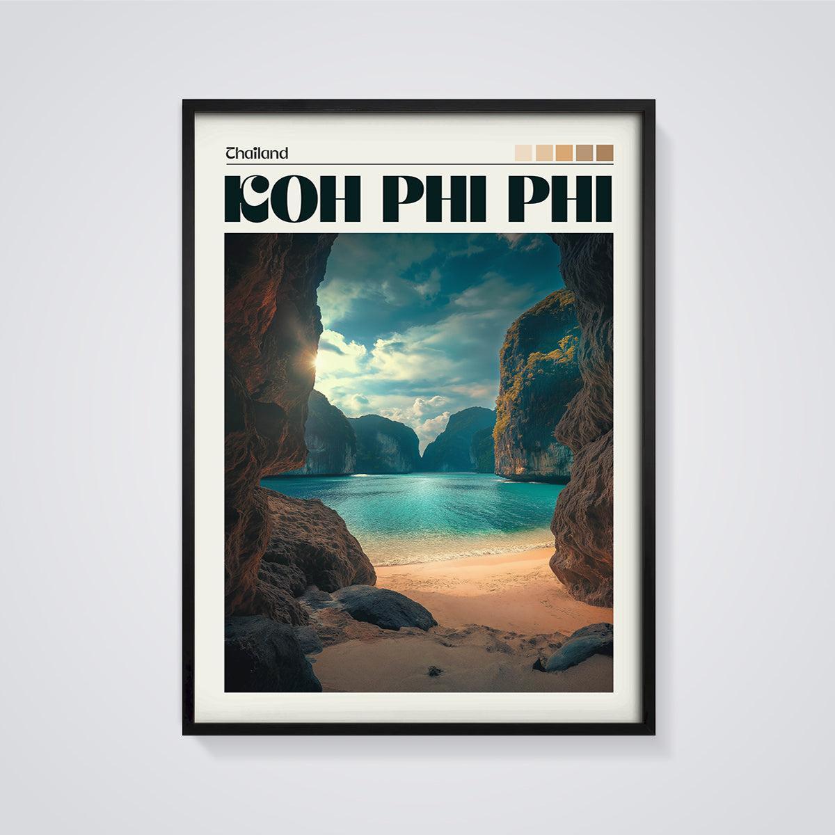 Thailand Koh Phi Phi Bay Print framed in black on a grey background