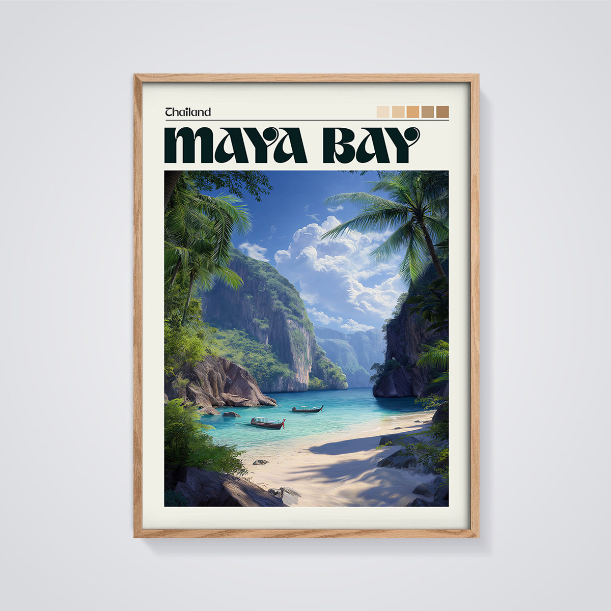 Thailand Maya Bay Print framed in oak on a grey background
