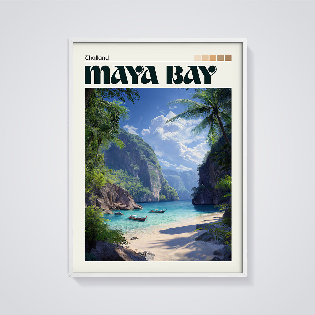 Thailand Maya Bay Print framed in white on a grey background