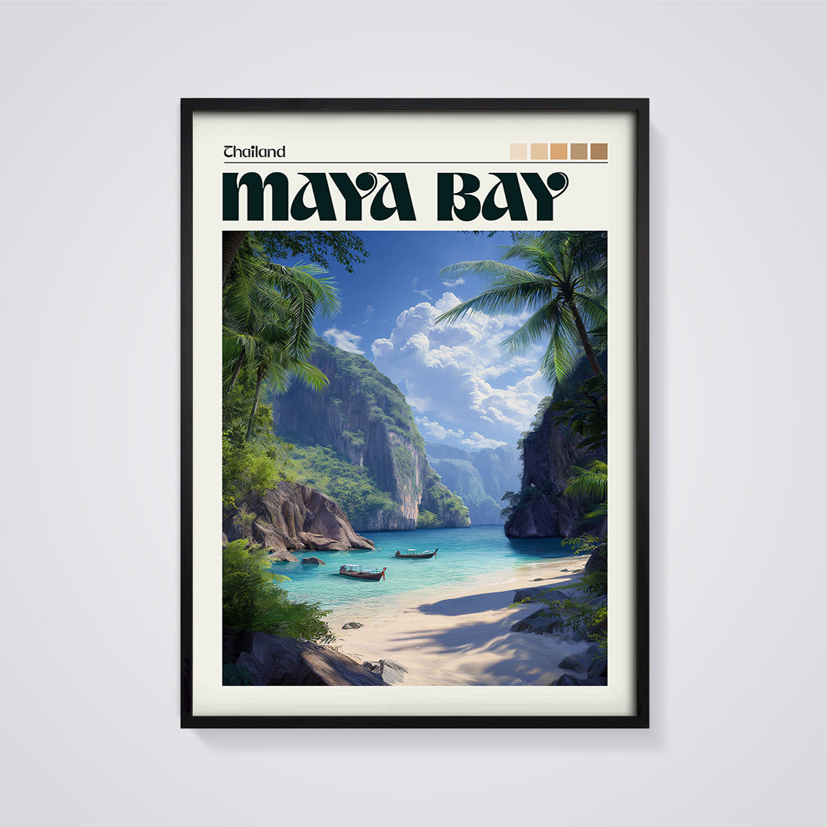 Thailand Maya Bay Print framed in black on a grey background