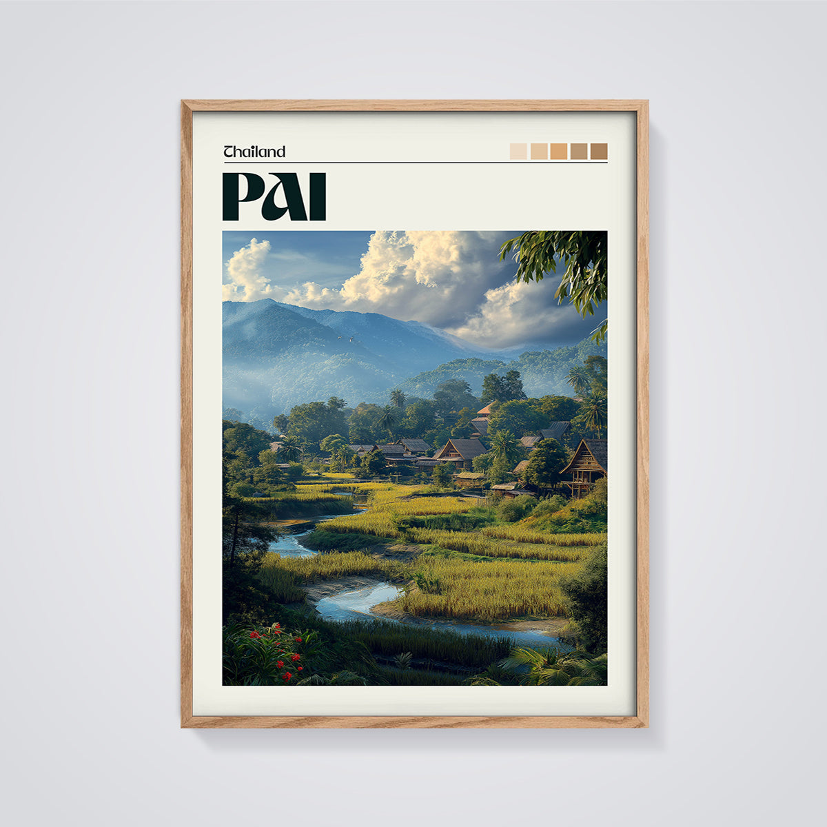 Thailand Pai Valley Print framed in oak on a grey background
