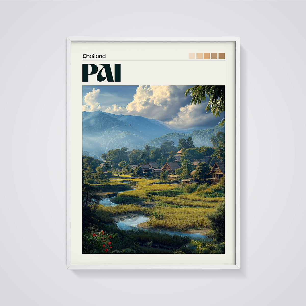 Thailand Pai Valley Print framed in white on a grey background