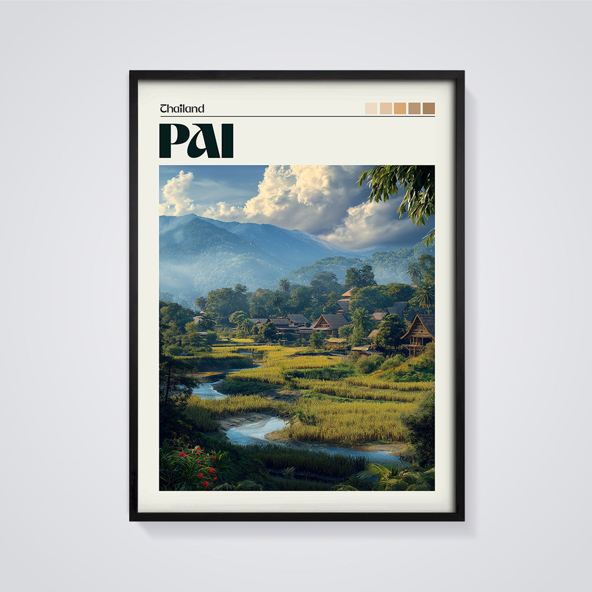 Thailand Pai Valley Print framed in black on a grey background