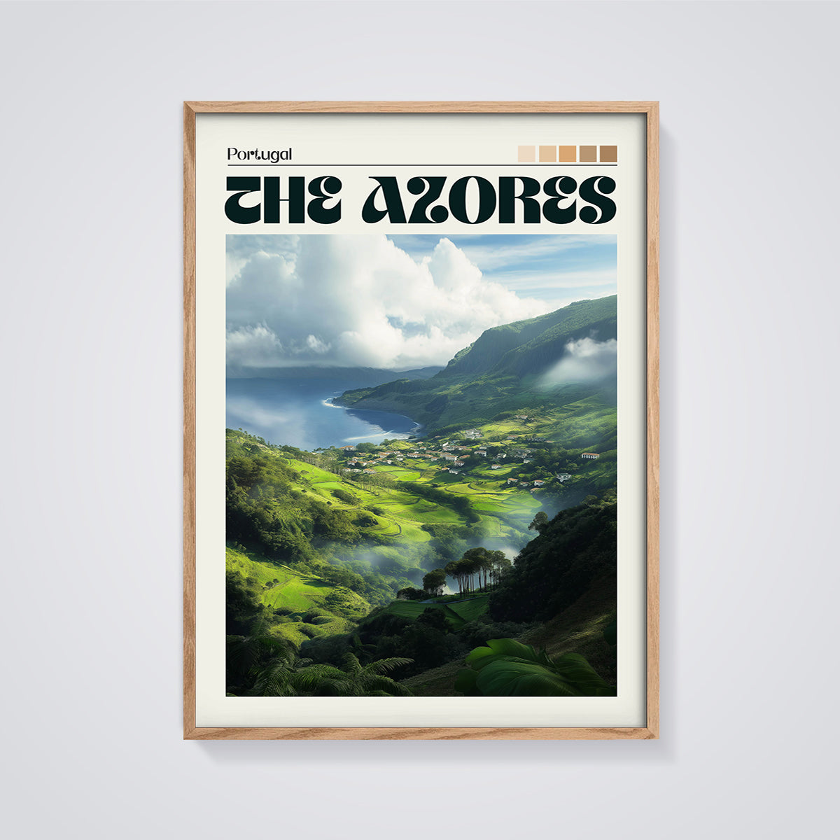 The Azores Portugal Landscape Print framed in oak on a grey background