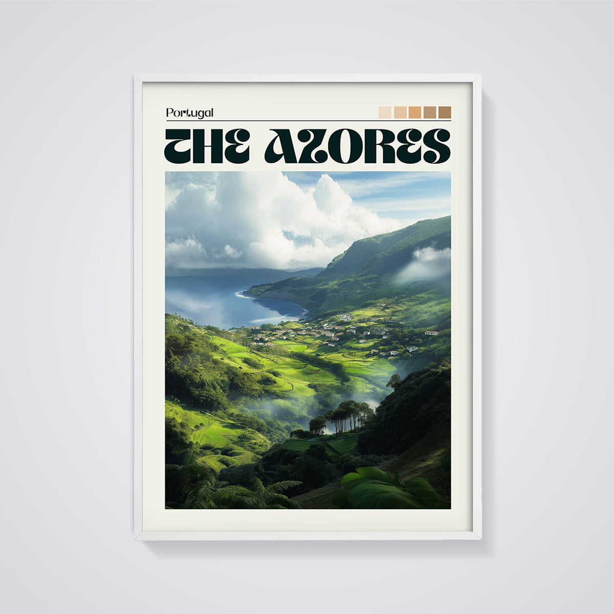 The Azores Portugal Landscape Print framed in white on a grey background
