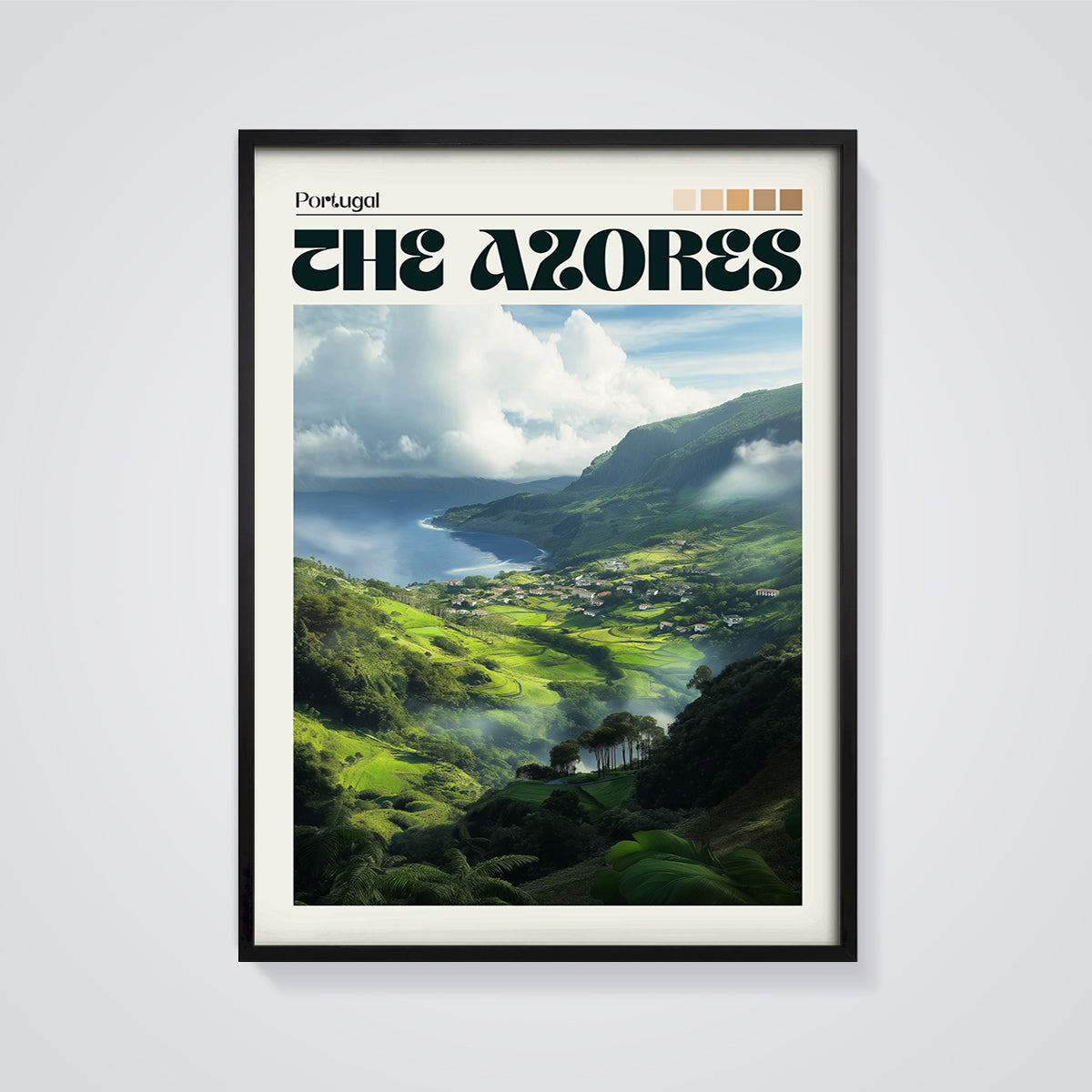 The Azores Portugal Landscape Print framed in black on a grey background