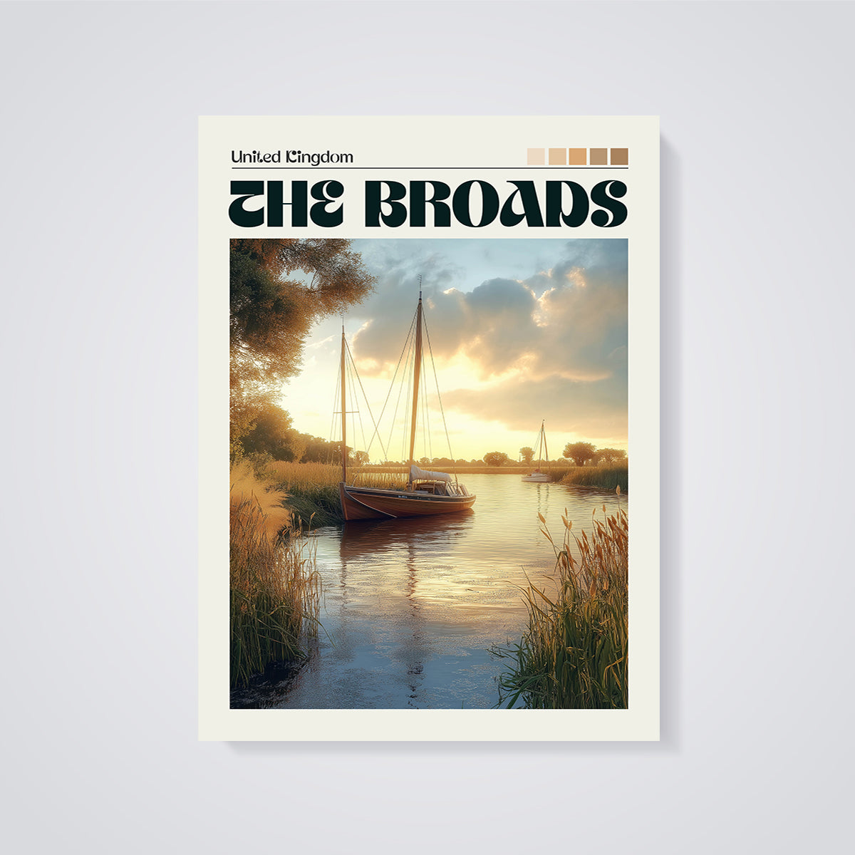 The Broads Sunset River Print unframed on a grey background