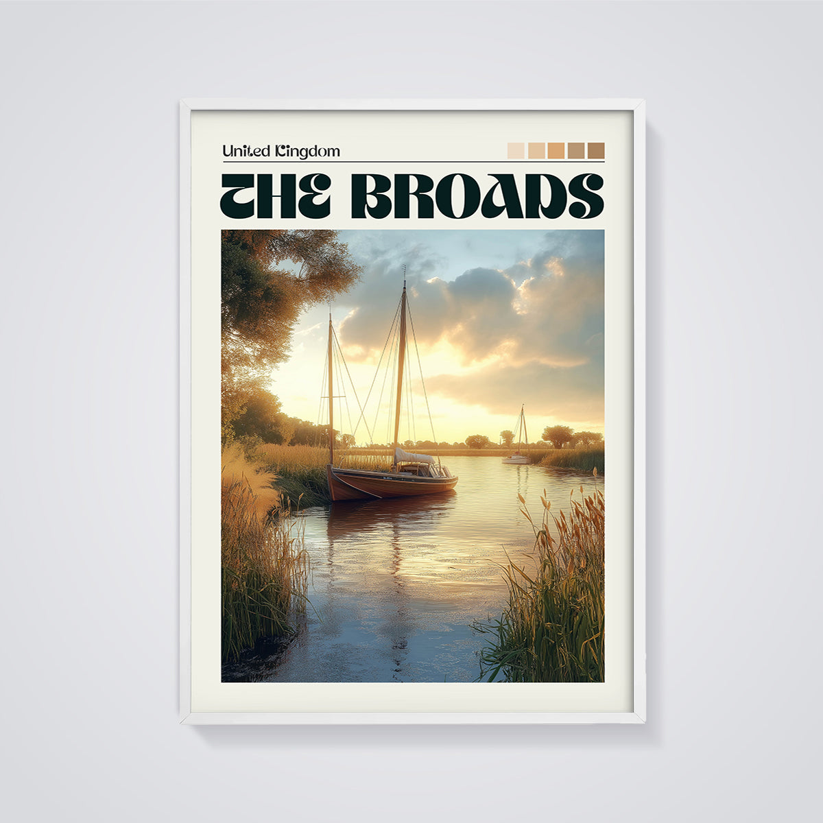 The Broads Sunset River Print framed in white on a grey background