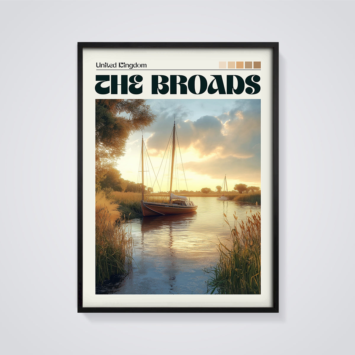 The Broads Sunset River Print framed in black on a grey background