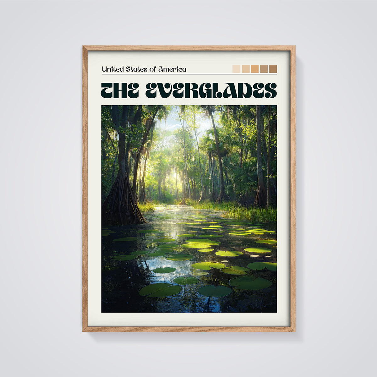 The Everglades Swamp Print framed in oak on a grey background