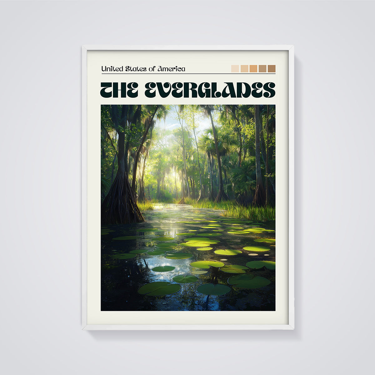 The Everglades Swamp Print framed in white on a grey background