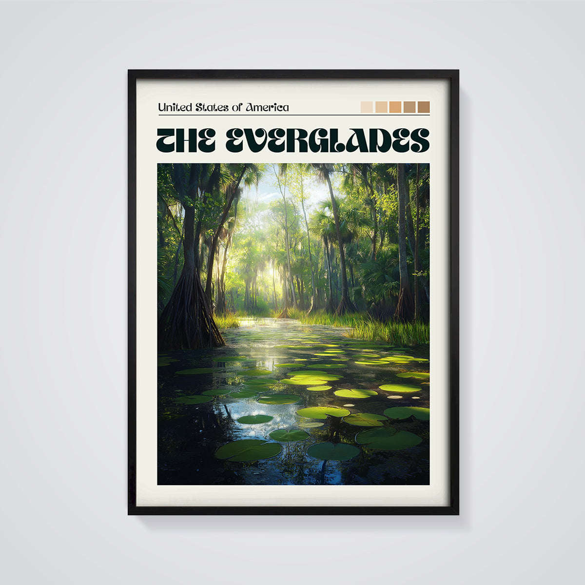 The Everglades Swamp Print framed in black on a grey background