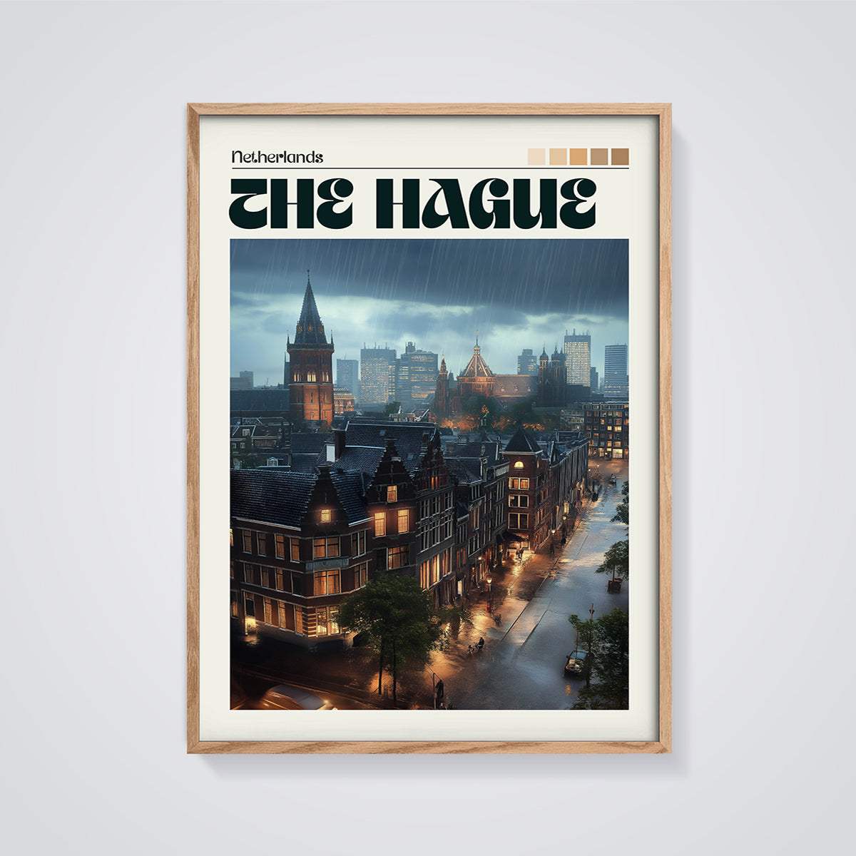 The Hague Rainy Cityscape Print framed in oak on a grey background