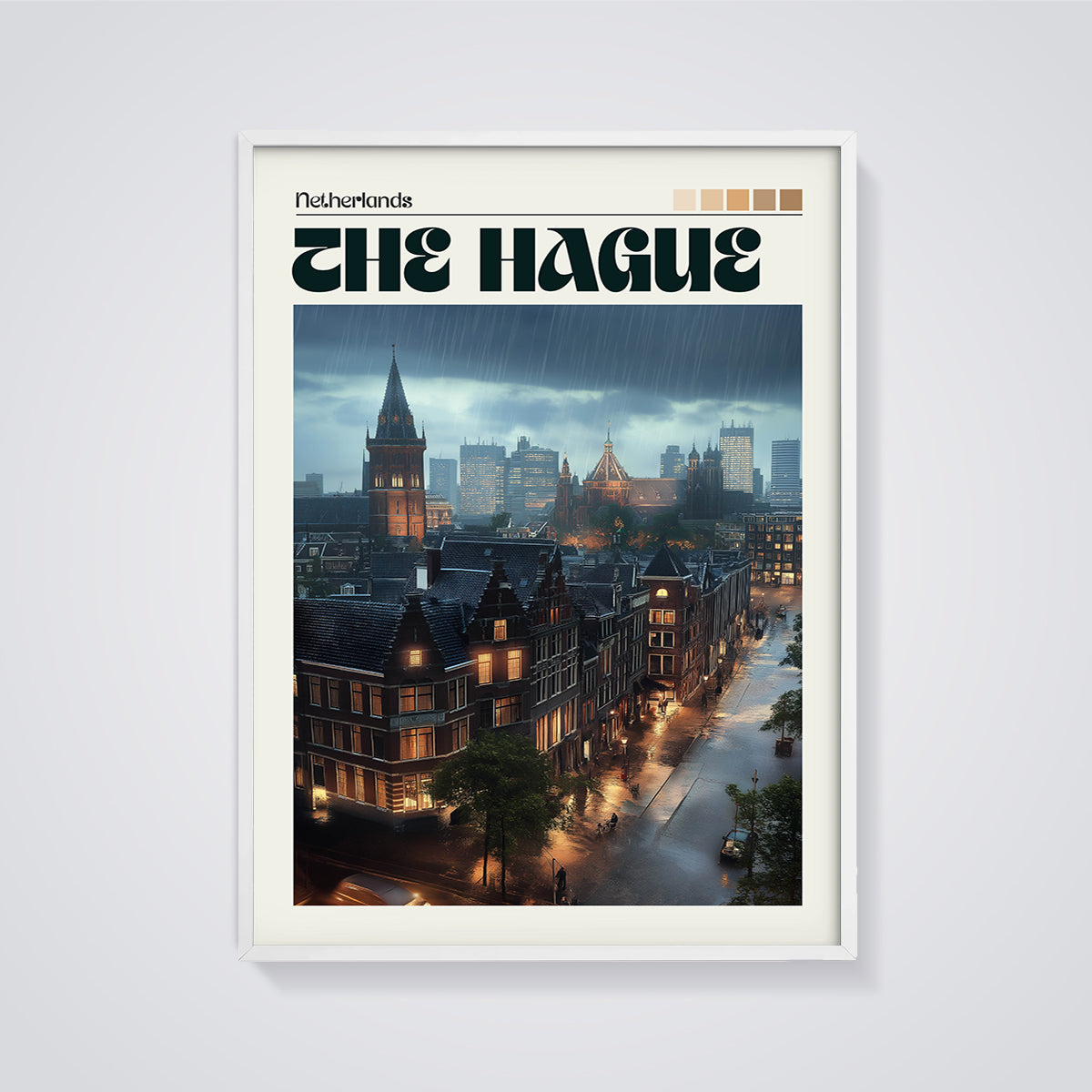 The Hague Rainy Cityscape Print framed in white on a grey background