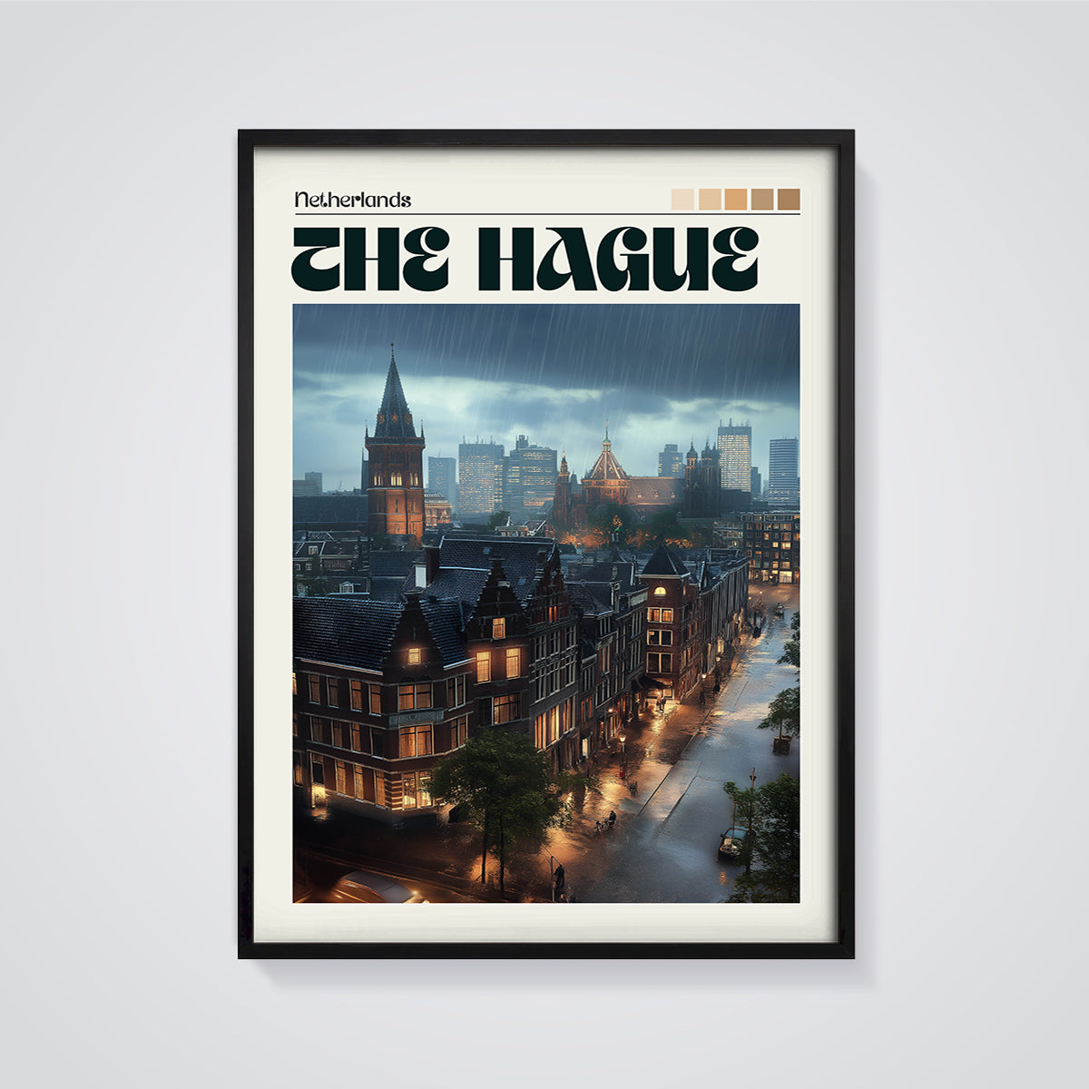 The Hague Rainy Cityscape Print framed in black on a grey background
