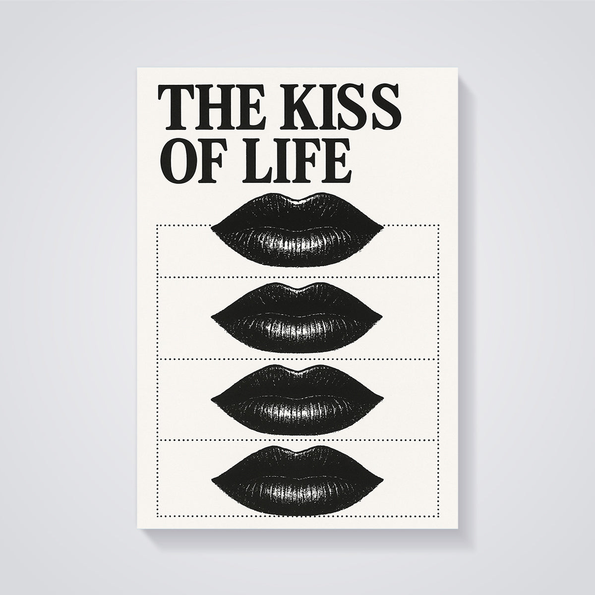 The Kiss of Life Black Lips Print unframed on a grey background