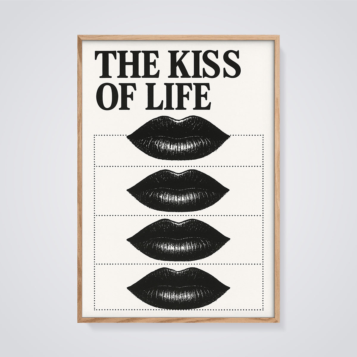 The Kiss of Life Black Lips Print framed in oak on a grey background