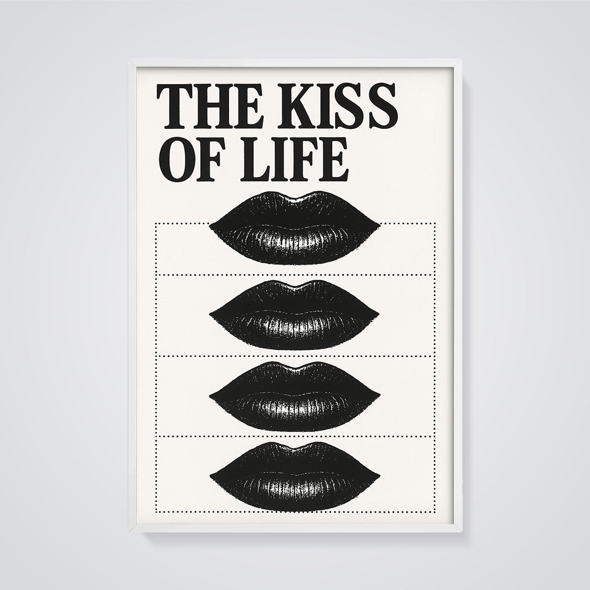 The Kiss of Life Black Lips Print framed in white on a grey background