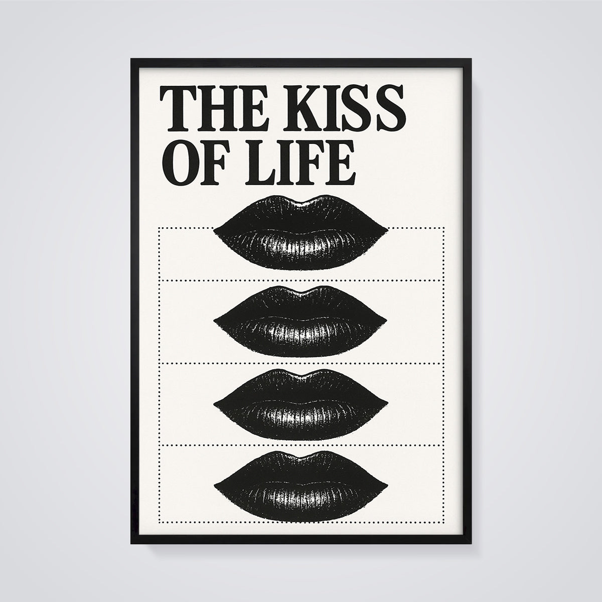 The Kiss of Life Black Lips Print framed in black on a grey background
