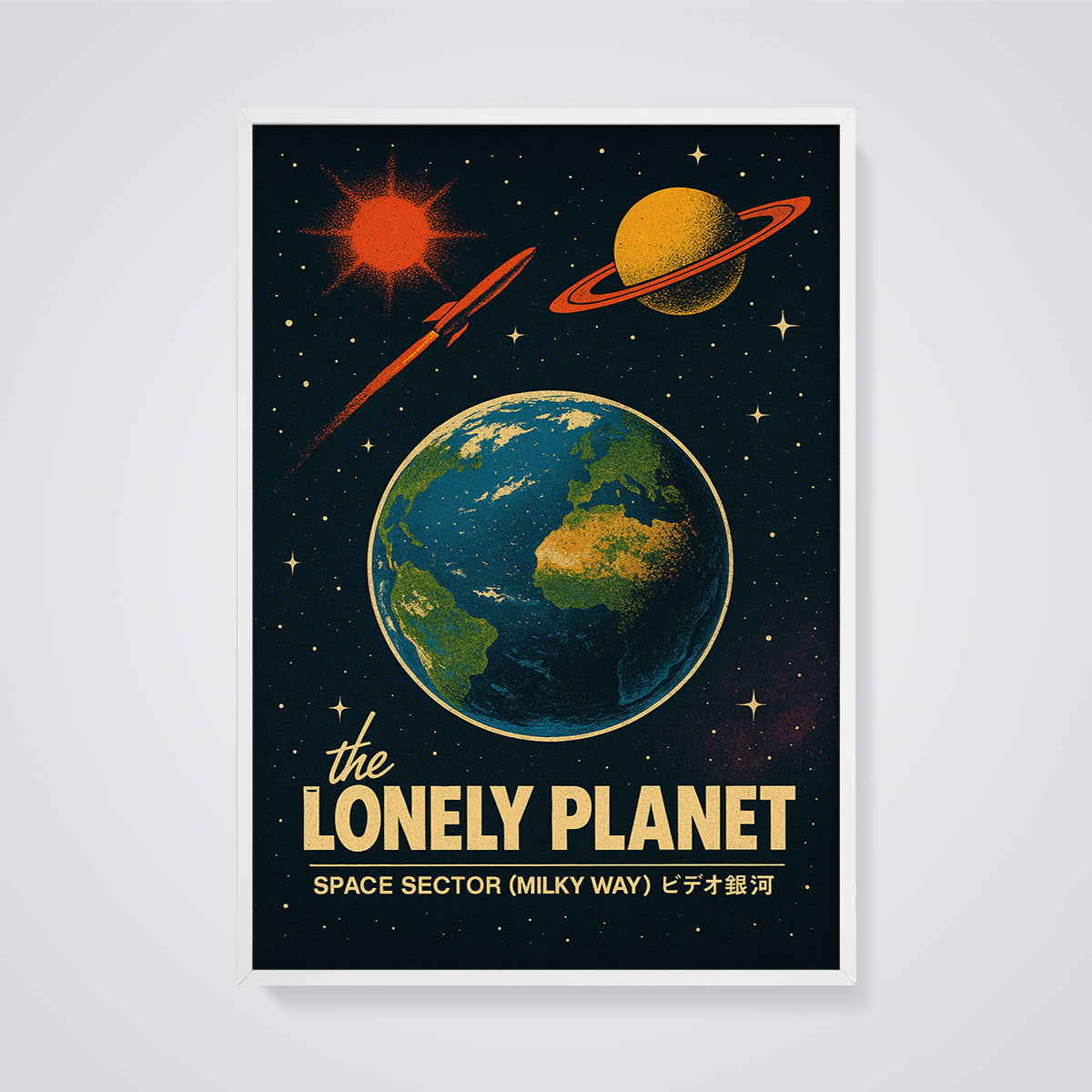 The Lonely Planet Space Print framed in white on a grey background
