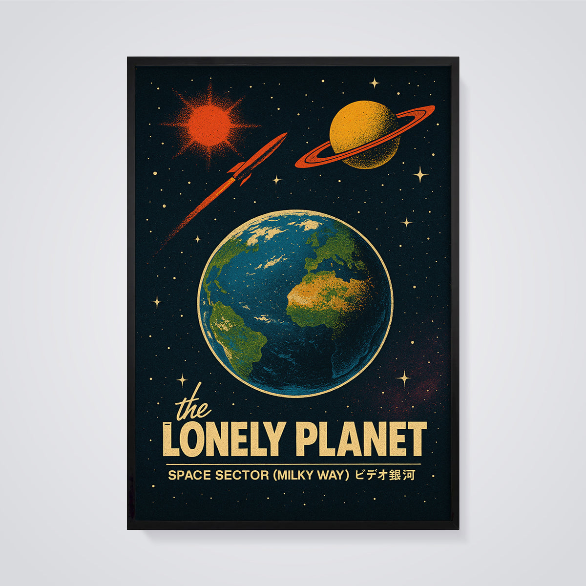 The Lonely Planet Space Print framed in black on a grey background