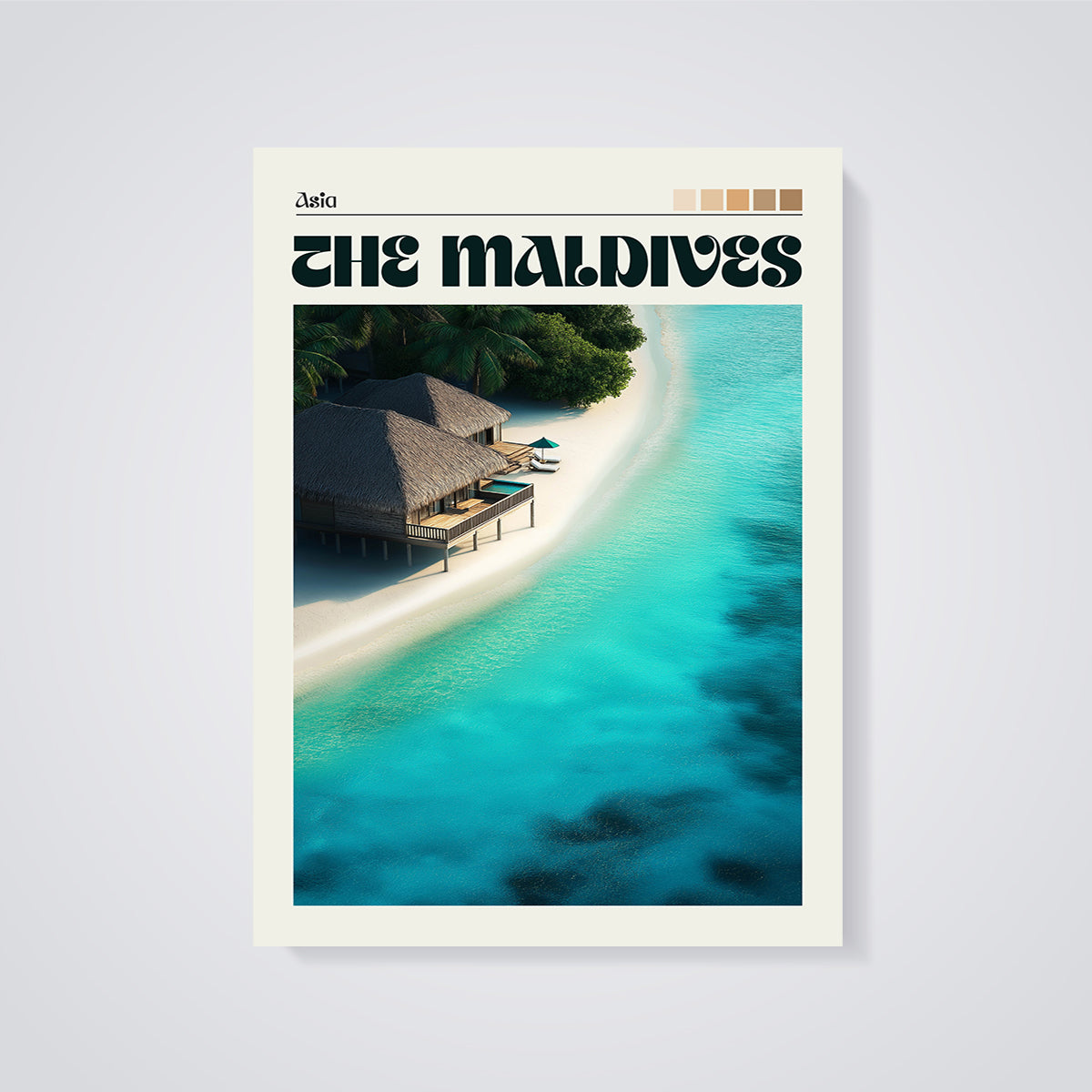 The Maldives Beach Bungalow Print unframed on a grey background