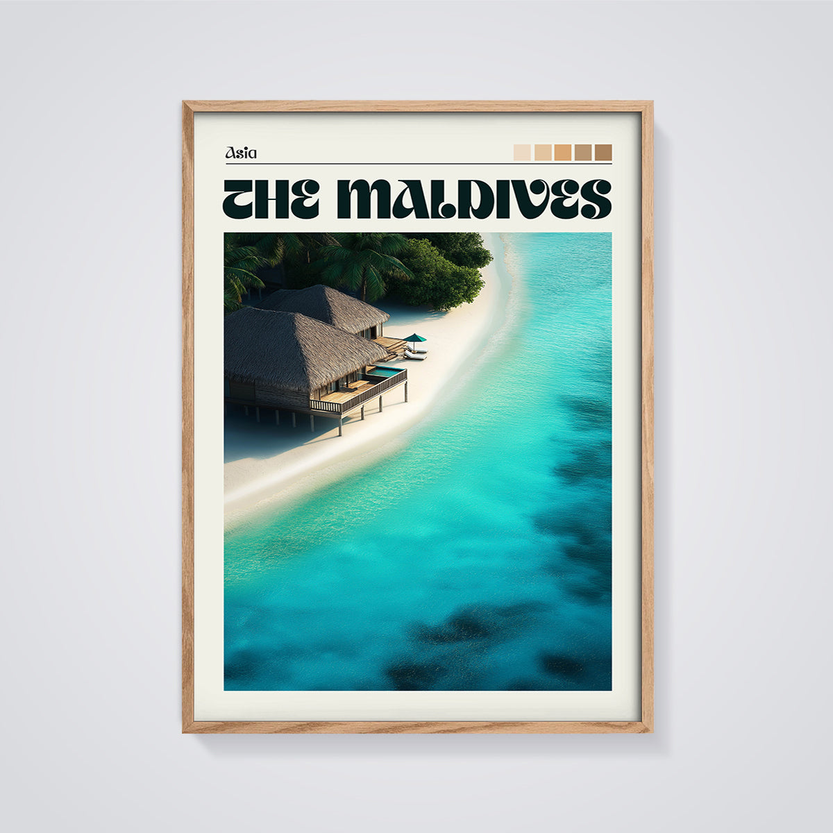 The Maldives Beach Bungalow Print framed in oak on a grey background