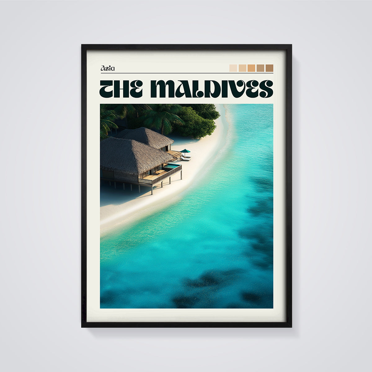 The Maldives Beach Bungalow Print framed in black on a grey background
