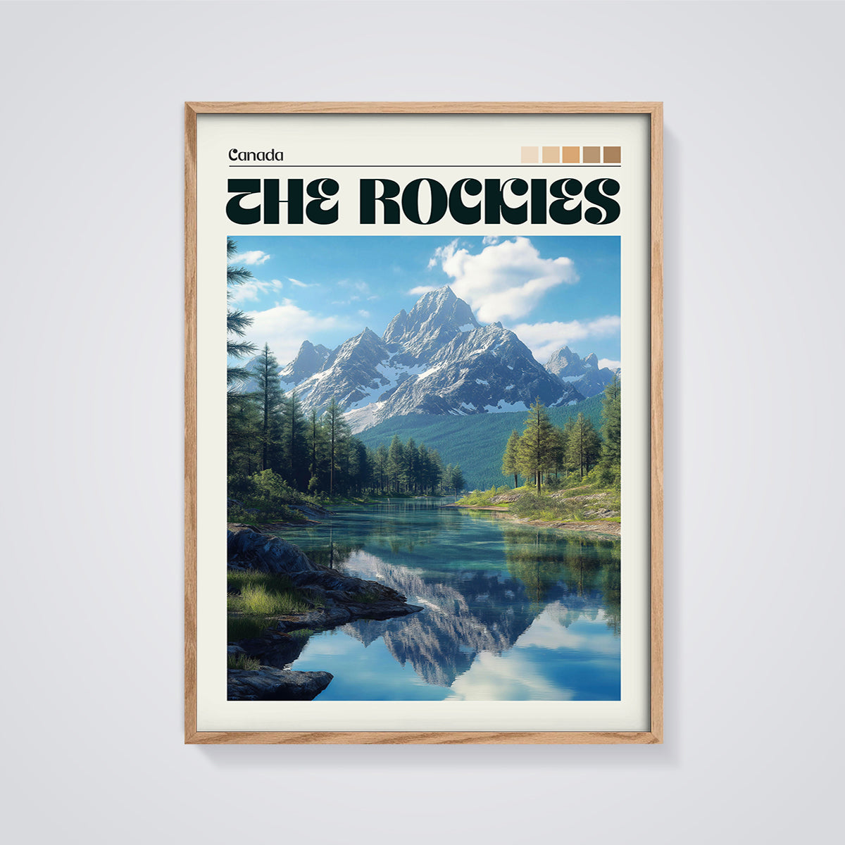 The Rockies Lake Reflection Print framed in oak on a grey background