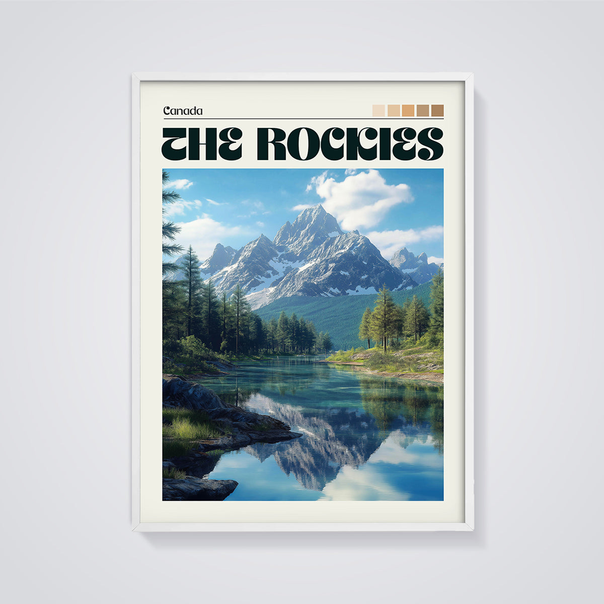 The Rockies Lake Reflection Print framed in white on a grey background