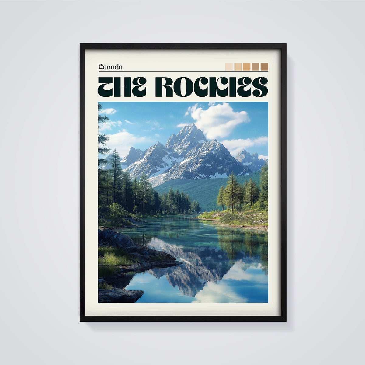 The Rockies Lake Reflection Print framed in black on a grey background