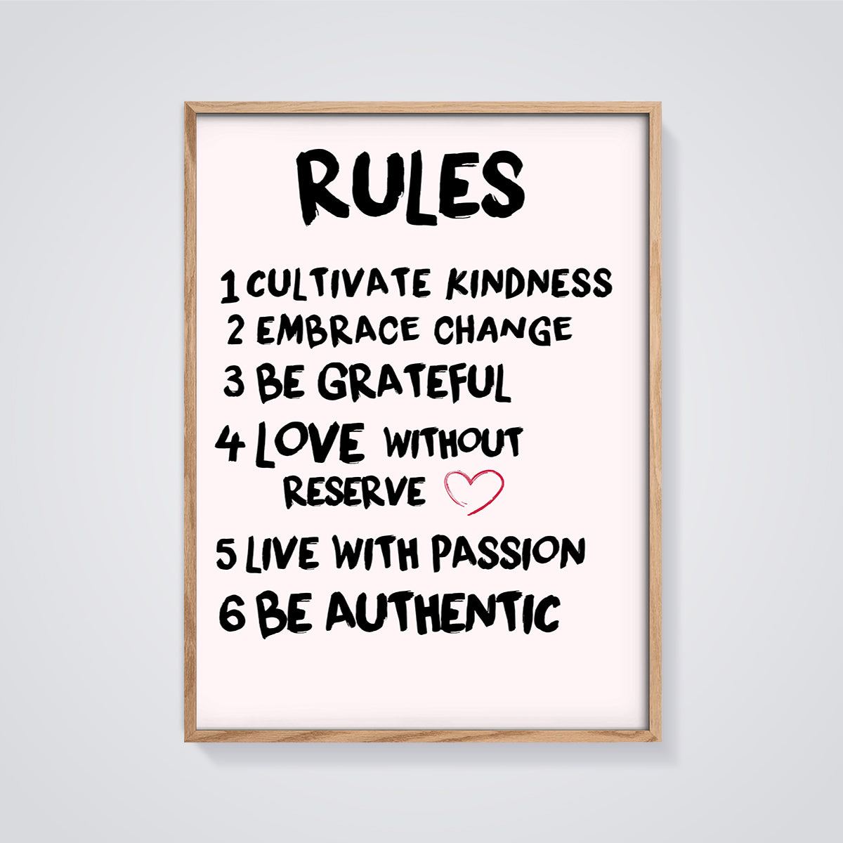 The Rules Inspirational Print framed in oak on a grey background