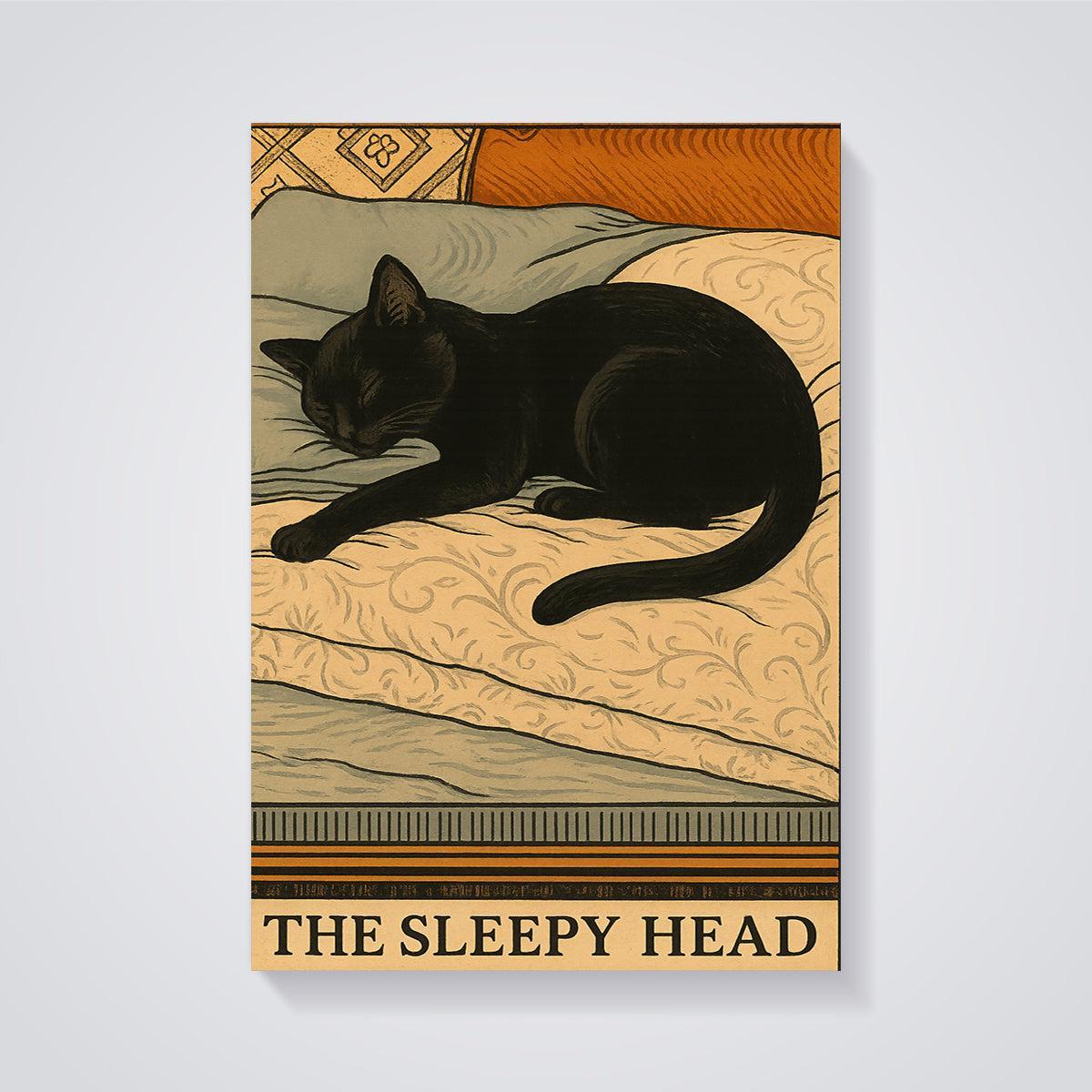 The Sleepy Head Black Cat Print unframed on a grey background