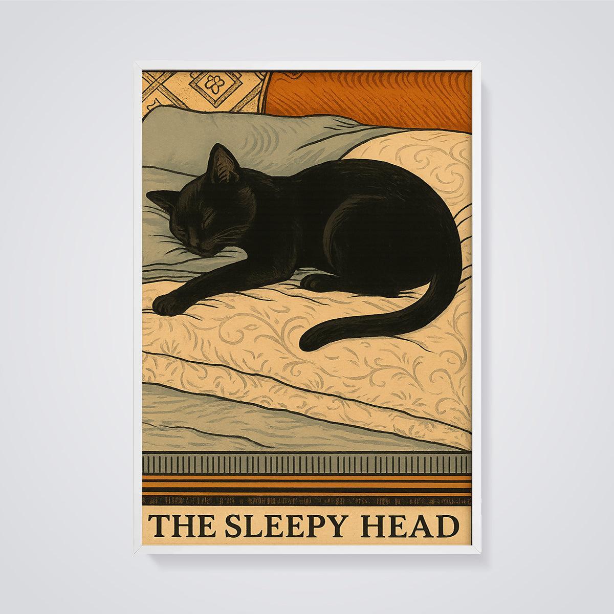 The Sleepy Head Black Cat Print framed in white on a grey background