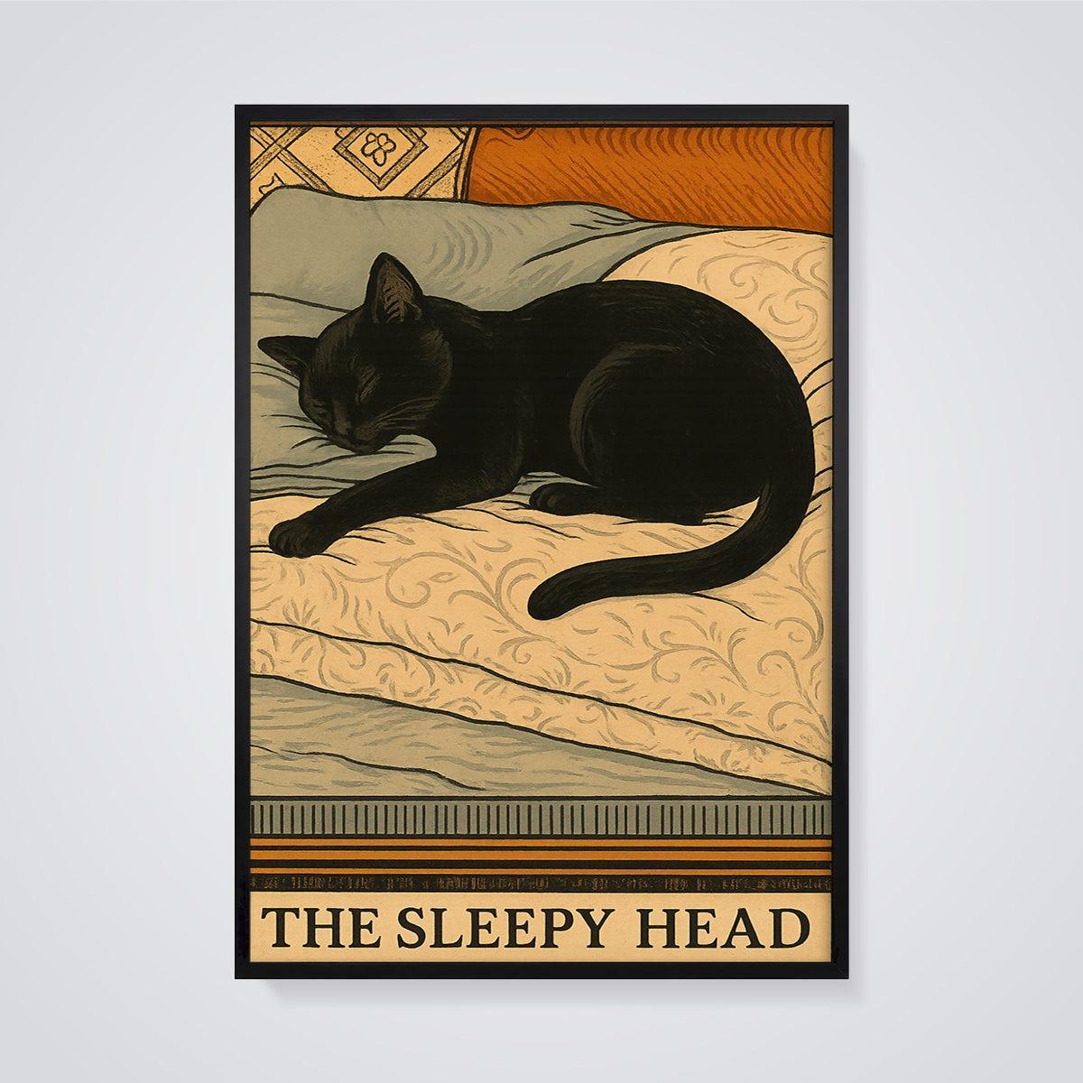 The Sleepy Head Black Cat Print framed in black on a grey background