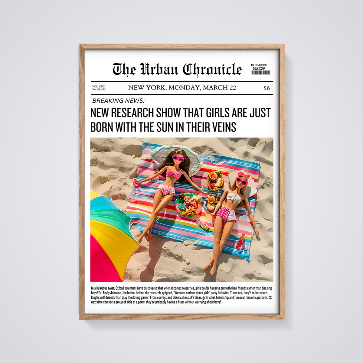 The Urban Chronicle Sun Girls Print framed in oak on a grey background