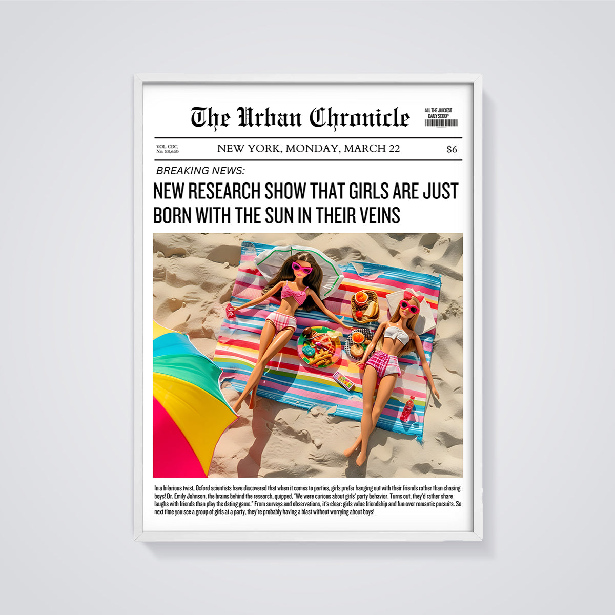 The Urban Chronicle Sun Girls Print framed in white on a grey background