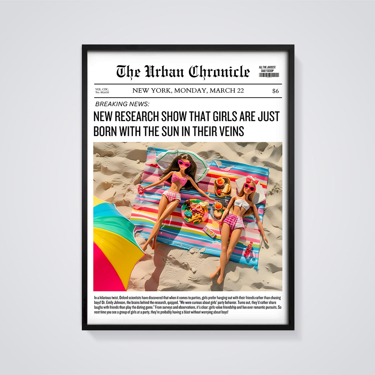 The Urban Chronicle Sun Girls Print framed in black on a grey background