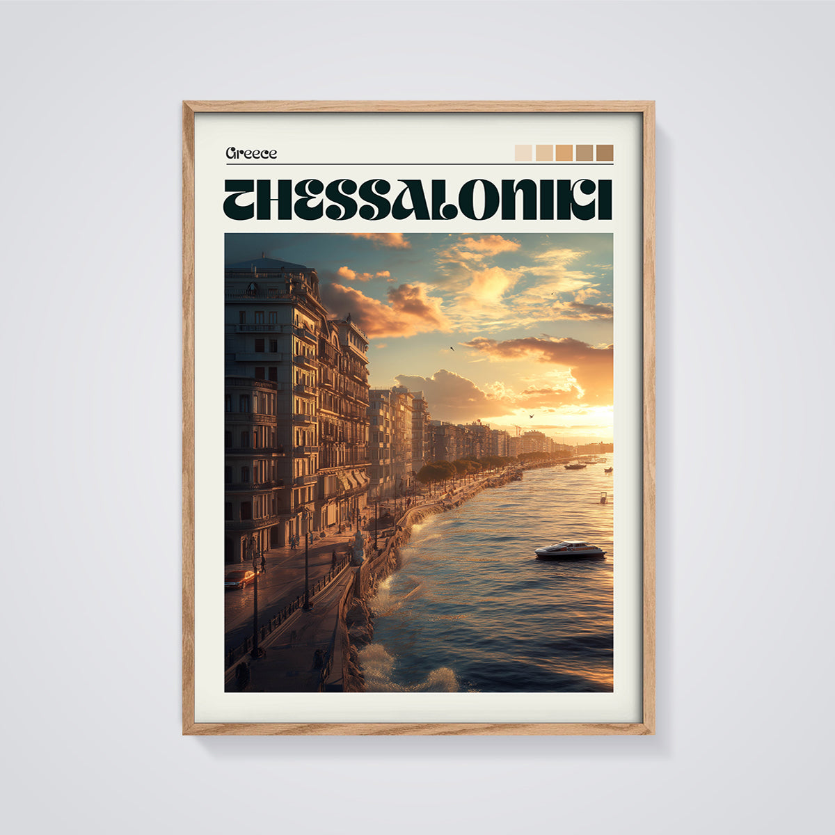 Thessaloniki Sunset Cityscape Print framed in oak on a grey background