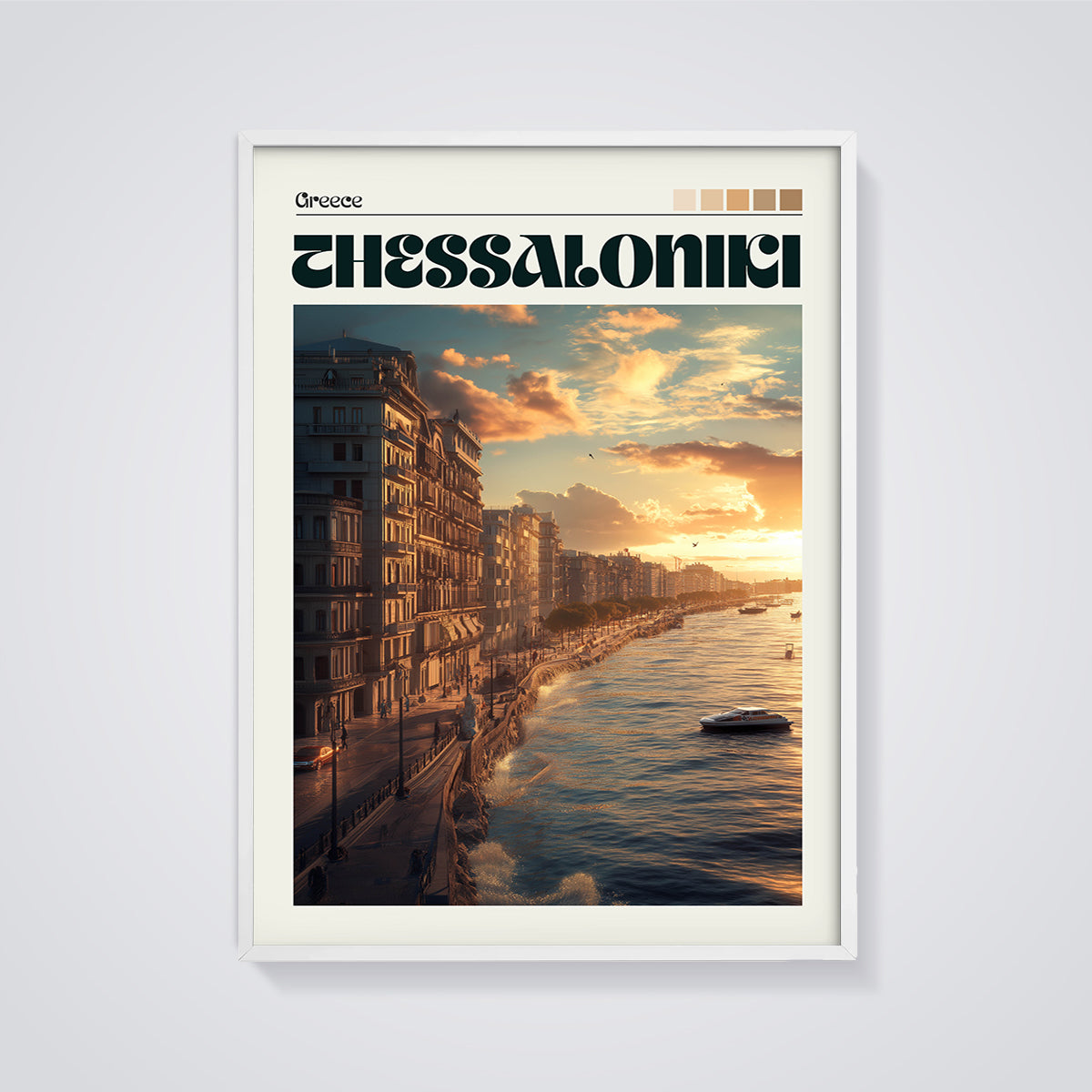 Thessaloniki Sunset Cityscape Print framed in white on a grey background