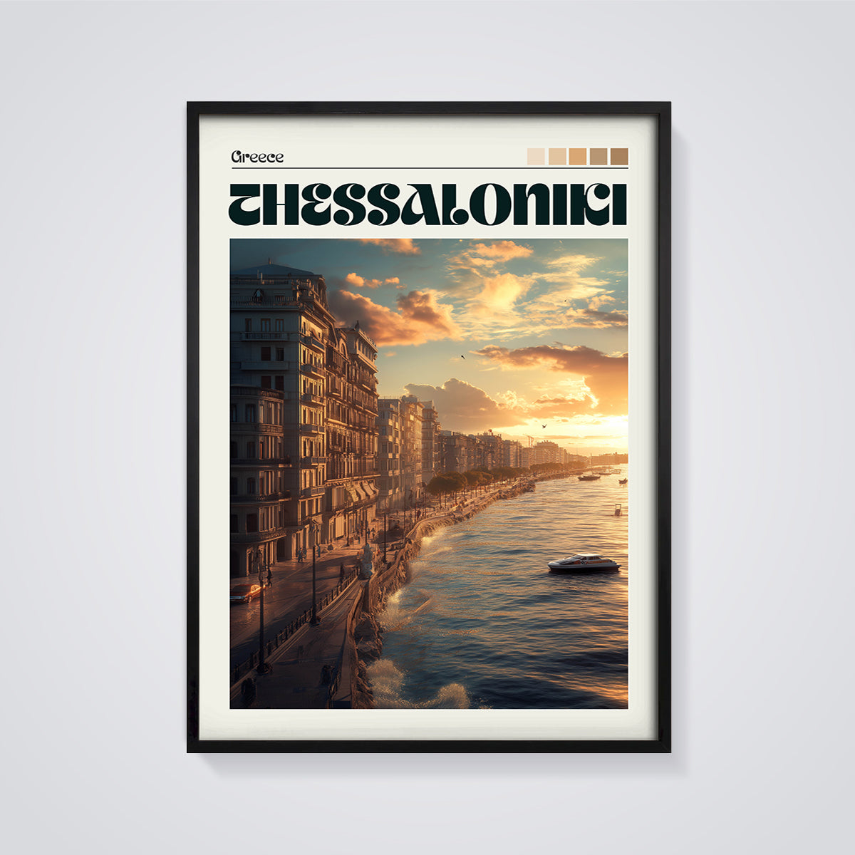 Thessaloniki Sunset Cityscape Print framed in black on a grey background