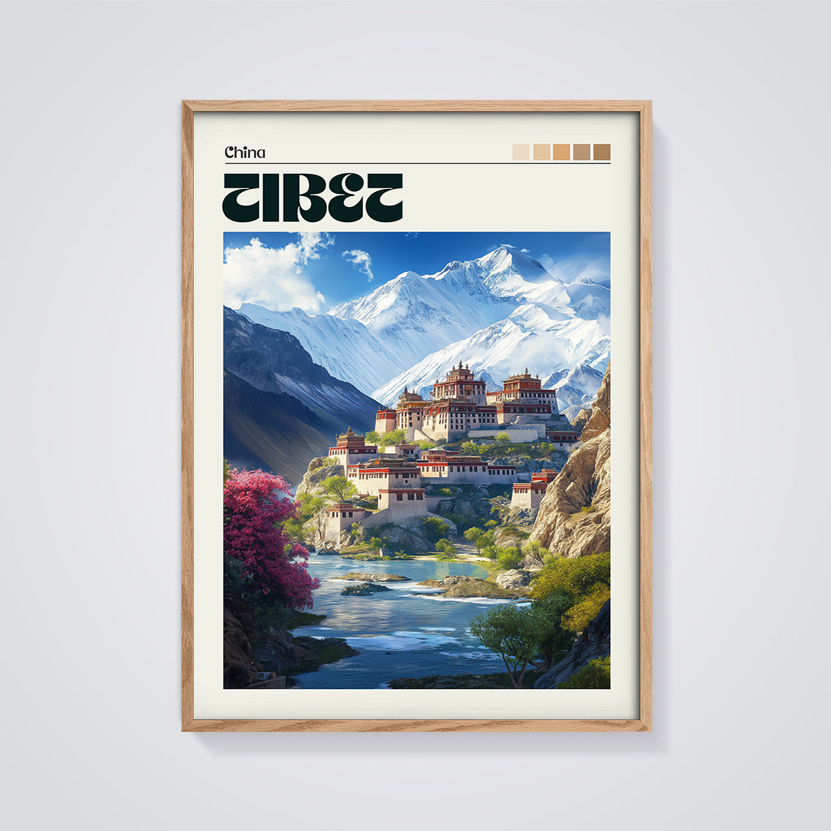 Tibet Mountain Monastery Print framed in oak on a grey background