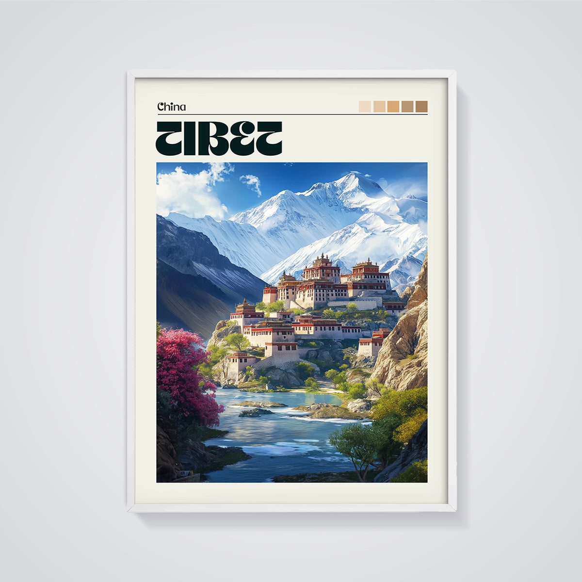 Tibet Mountain Monastery Print framed in white on a grey background